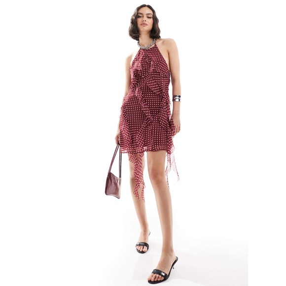 ASOS DESIGN red polka dot asymmetric frill detail mini dress in rust spot - Picture 3 of 4